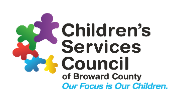 Logo for Children's Services of Broward County: five child shapes in an arc in yellow, blue, red, green and purple next to title with tagline 
